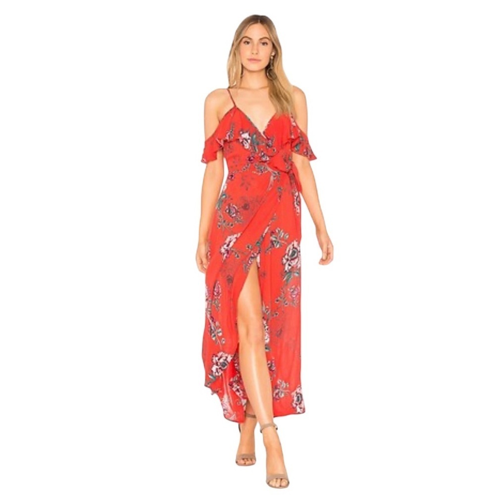 Revolve | Band of Gypsies Shadow Floral Faux Wrap Dress Red Peach Ruffle Boho